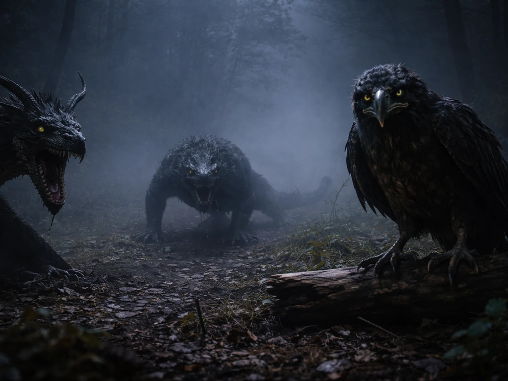 A realistic scene of the Jabberwock, Bandersnatch, and a distinct avian jubjub menace in a dark forest