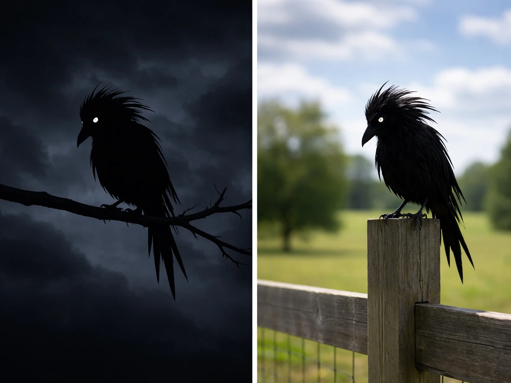 Split two-panel photo showing a shadowy bird silhouette and a calm, absurd-feeling scene for contrasting symbolism.
