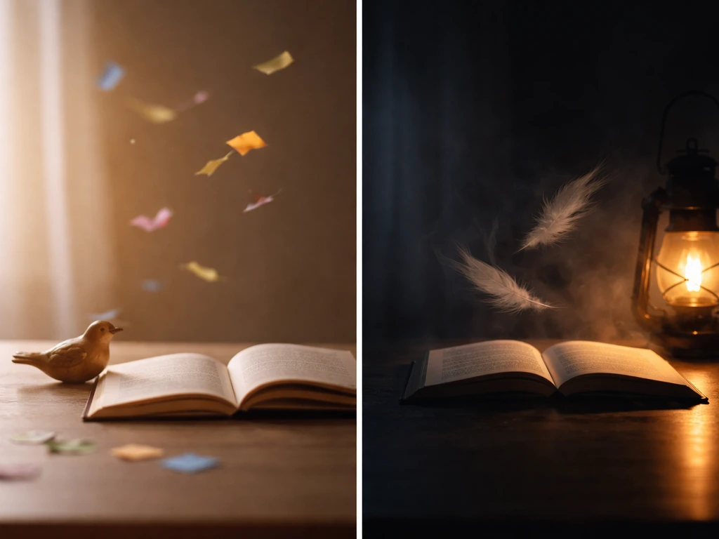 Minimal scene split into two moods: whimsical letters on one side and mythic shadows on the other.