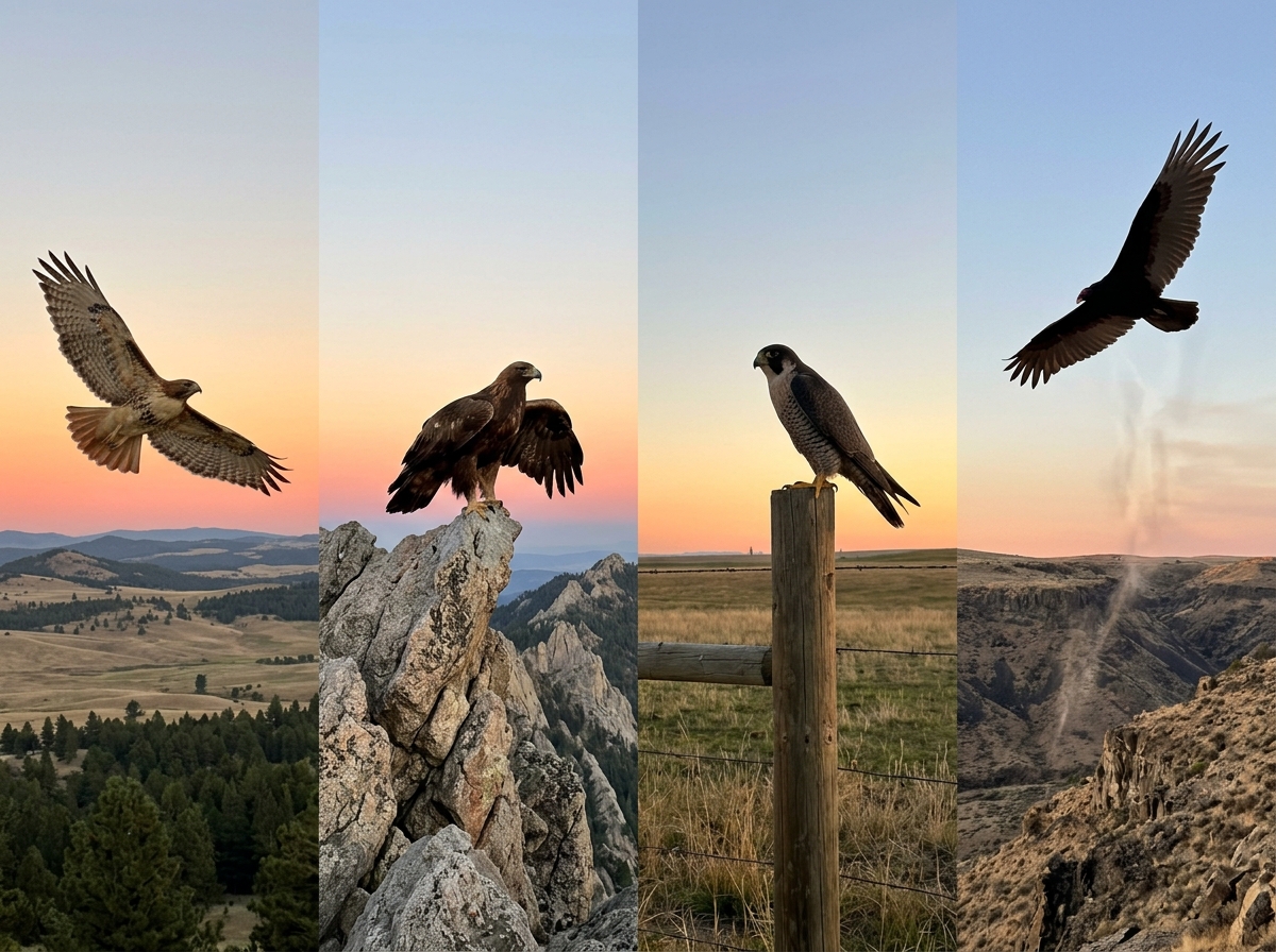 Birds of prey symbols: hawk, eagle, falcon, vulture silhouettes over open landscape