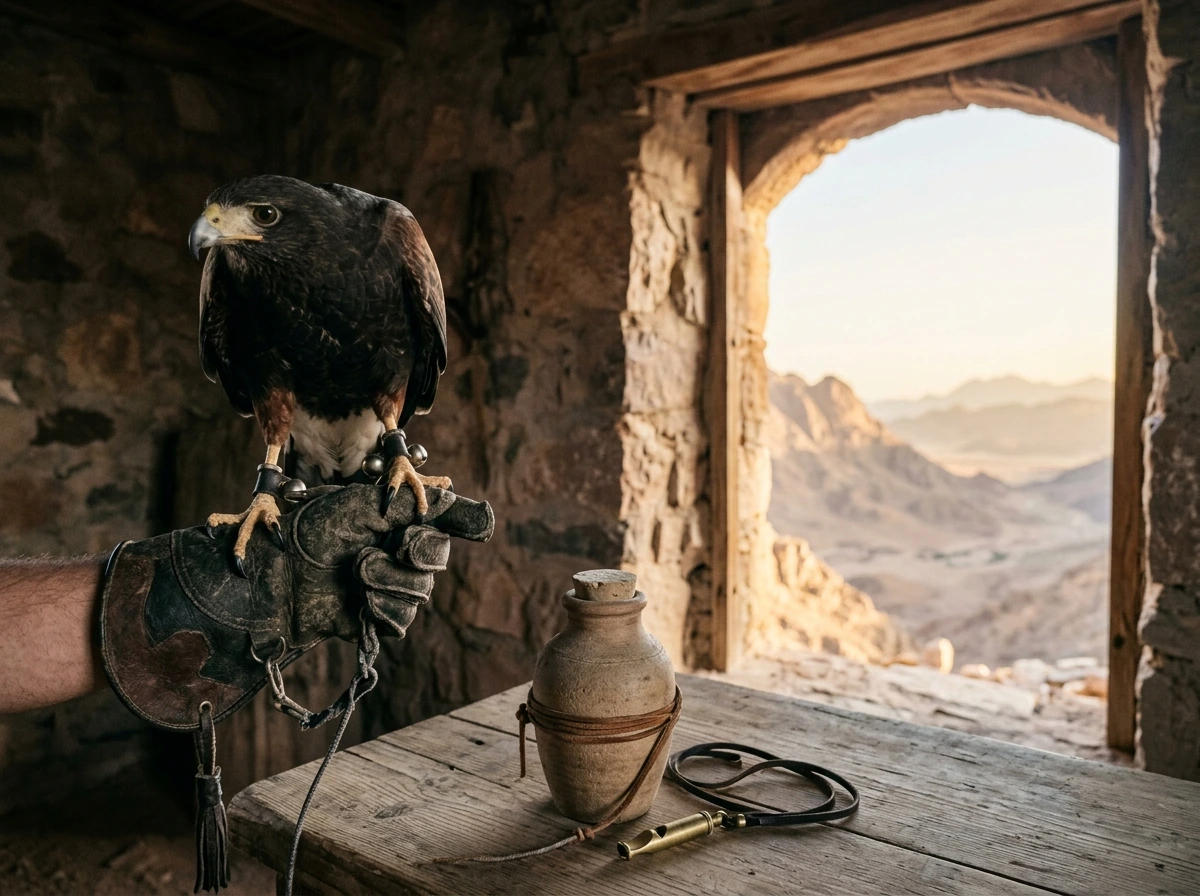 Side-by-side depiction of the phrase elements: raptor figure, eastern origin marker, and summoning posture