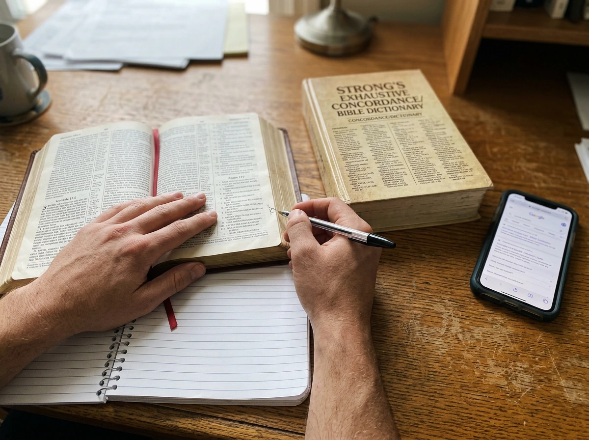 Person cross-referencing sources: Bible, concordance/dictionary, and phone search all on one desk