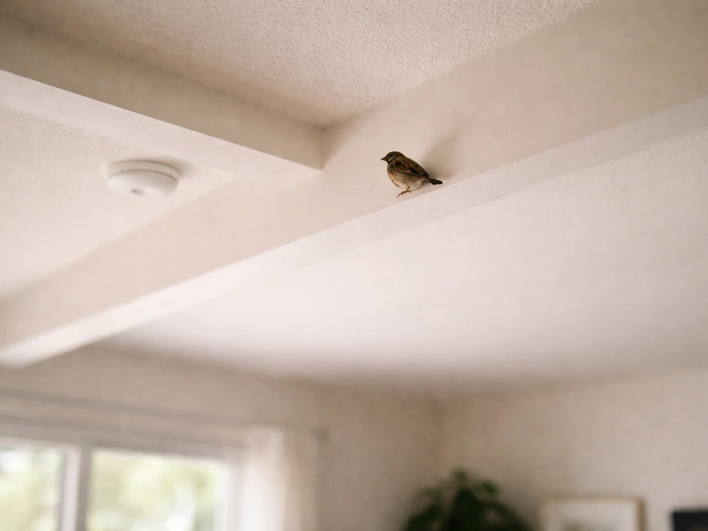 Small bird perched near the top of an indoor ceiling with a subtle smoke detector nearby