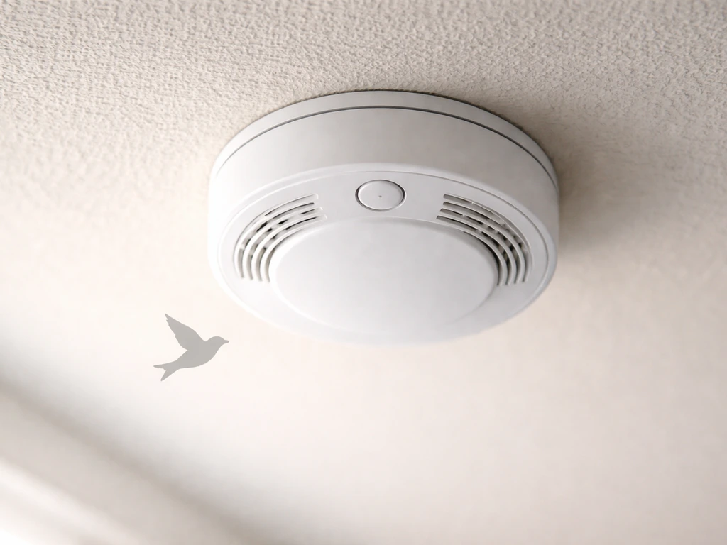 Close-up of a smoke detector on a ceiling with a subtle bird silhouette indicating the slang meaning.