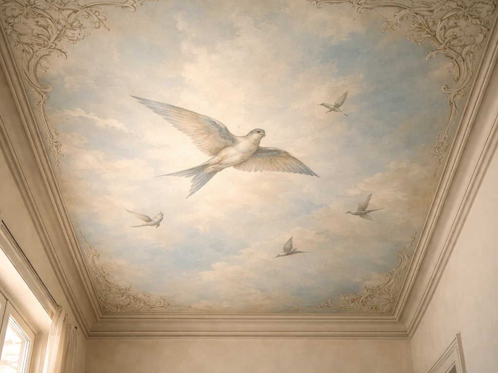 Low-angle photo of a ceiling with painted birds overhead in a simple, softly lit room.