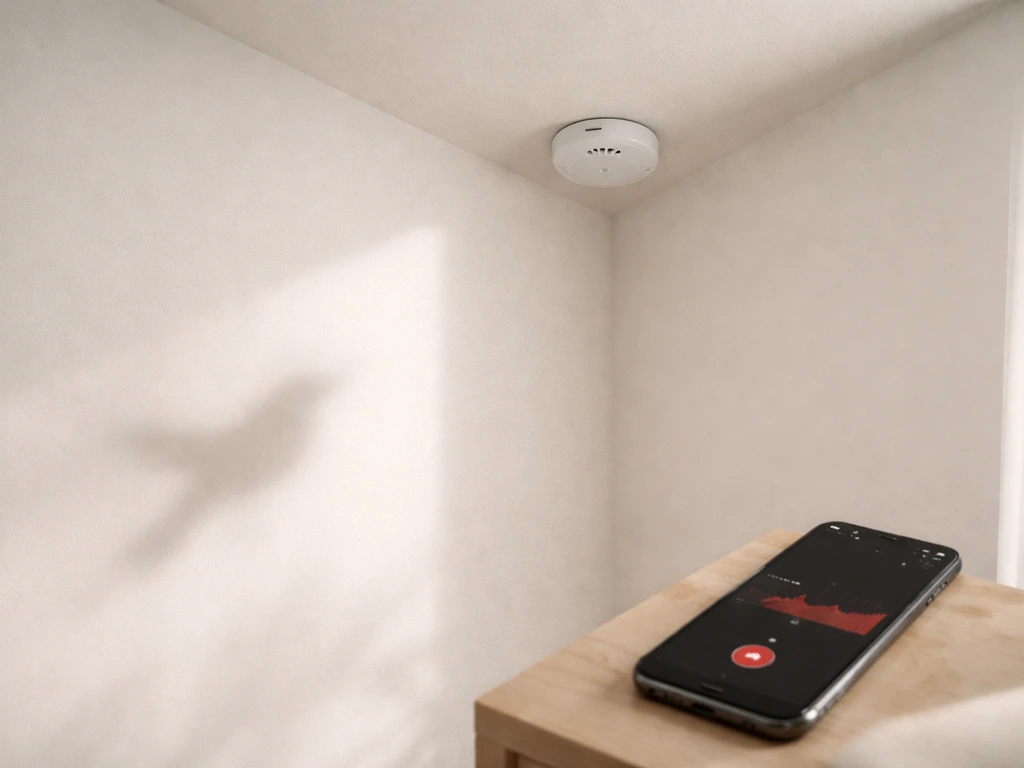 Minimal ceiling corner with a smoke detector and a phone suggesting an audio recording for chirping context.