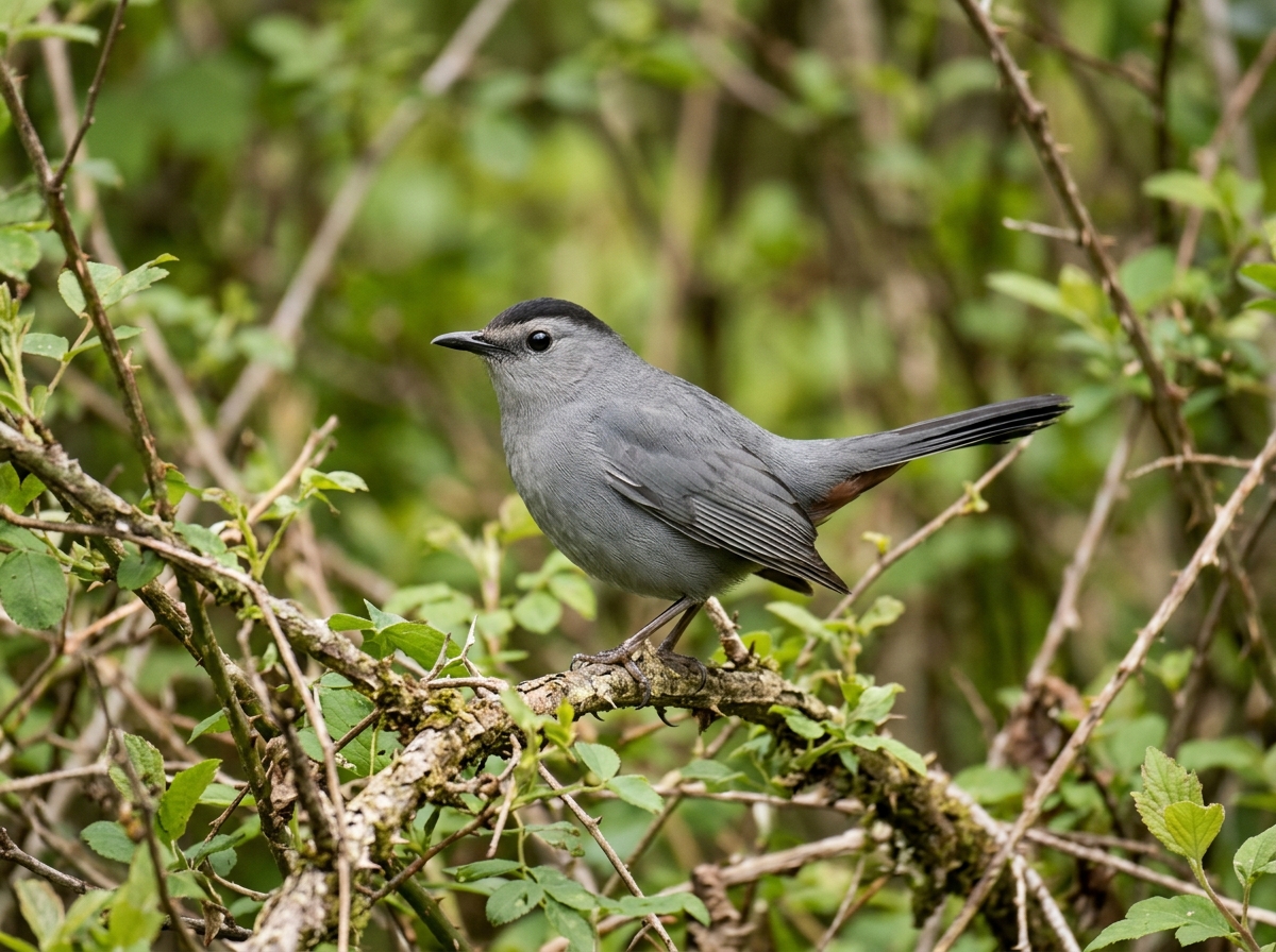 Gray catbird on a branch with range-like woodland background