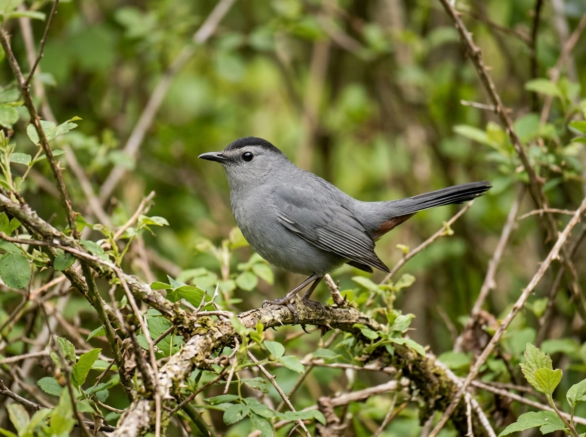 Gray catbird on a branch with range-like woodland background