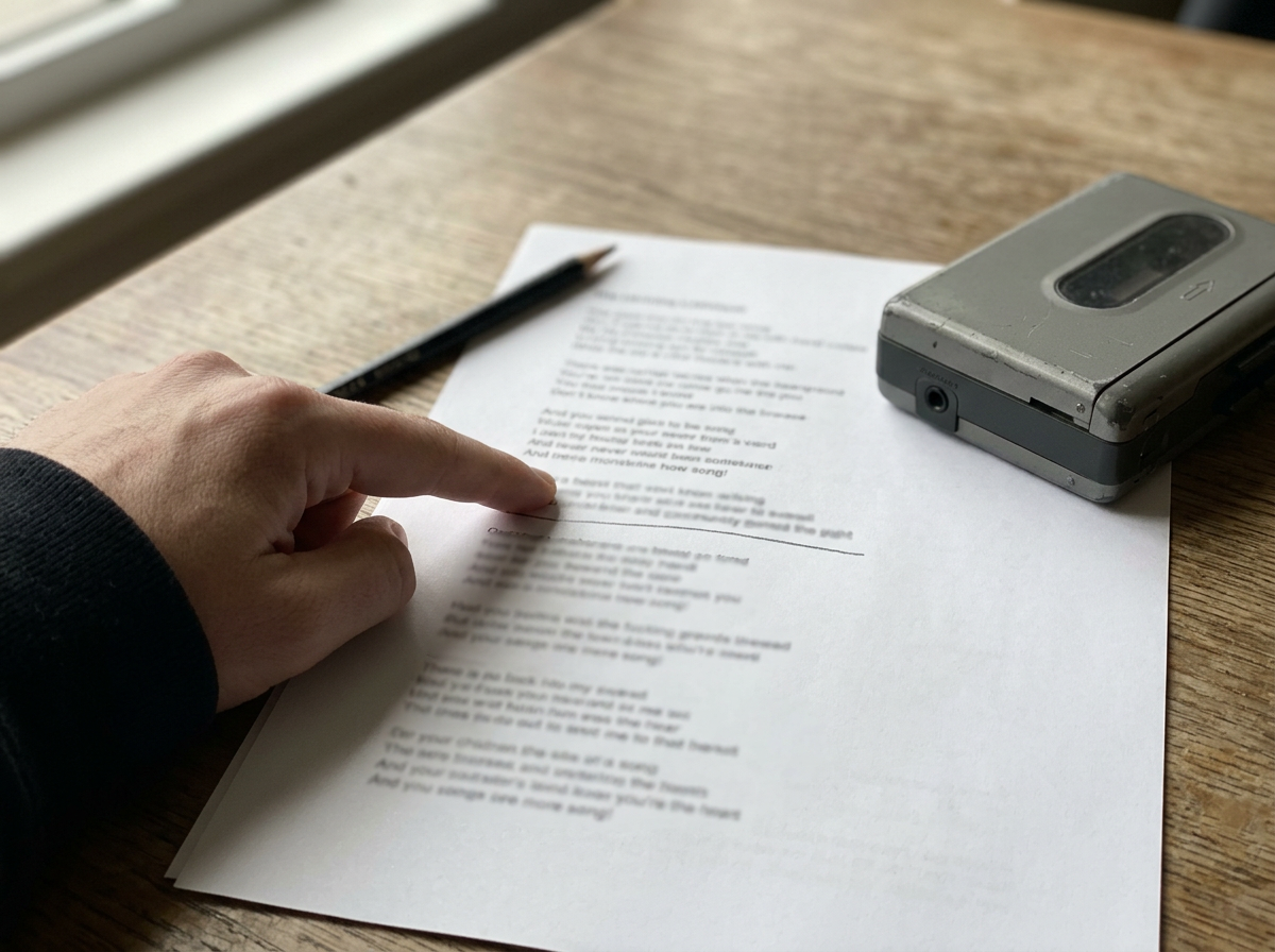 Close-up of pointing finger at song-lyric lines with pencil underline gesture