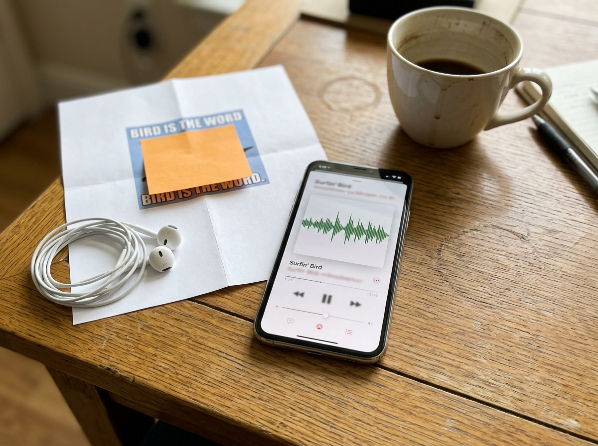 Phone with blurred waveform beside earphones and blocked meme-style printouts