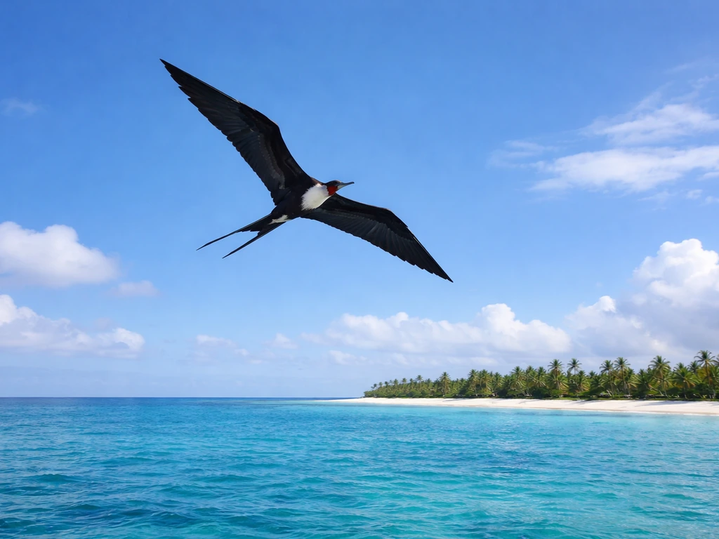Frigate bird gliding over a Pacific island seascape with blue sky and distant shoreline