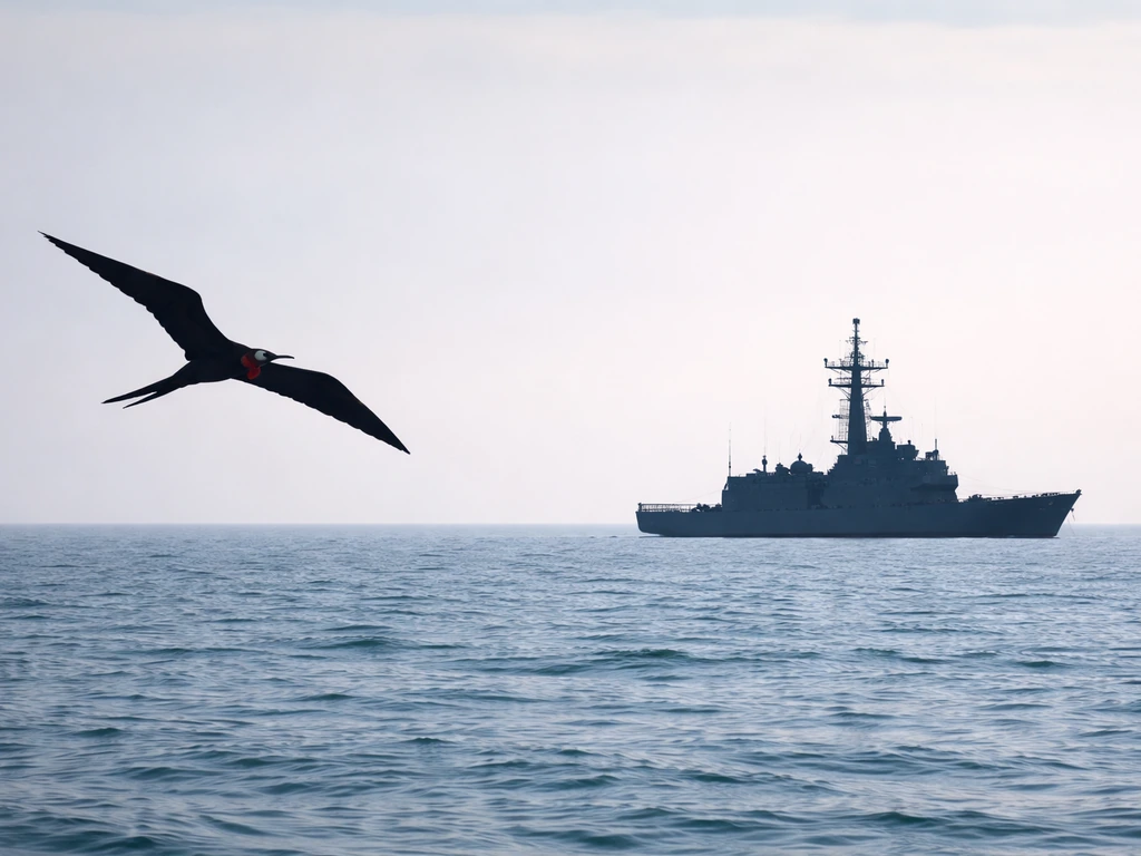 Frigate bird gliding over the sea next to a naval frigate silhouette on the horizon.