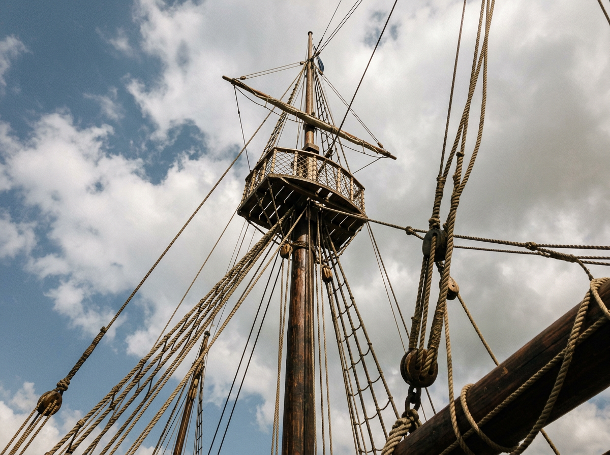 Lookout crow’s nest platform at the top of a ship mast