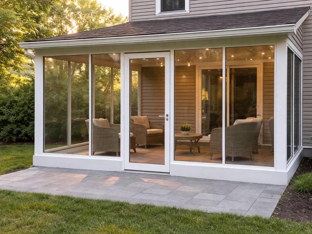 Single-family home with a fully enclosed glass patio/sunroom visible from the backyard.