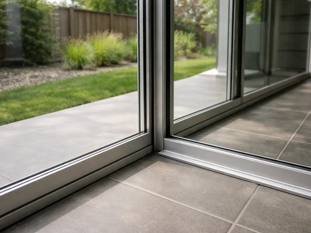 Close-up of a glass-walled enclosed patio entrance with visible frames and a capped threshold.