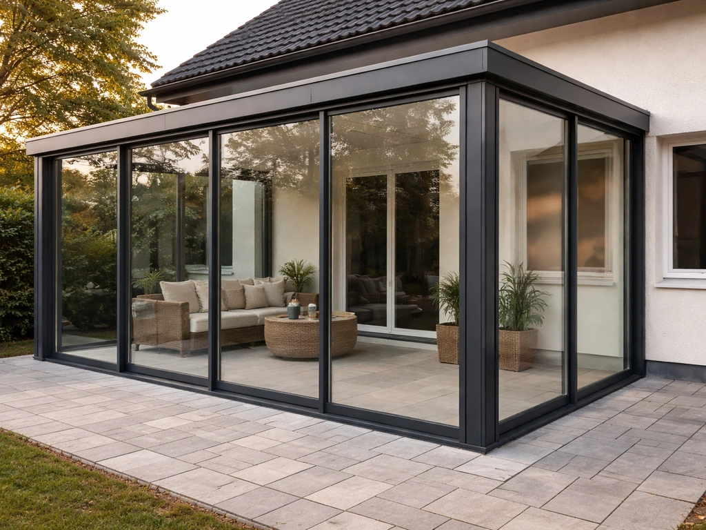 Residential patio enclosed by large glass panels wrapping the outdoor space