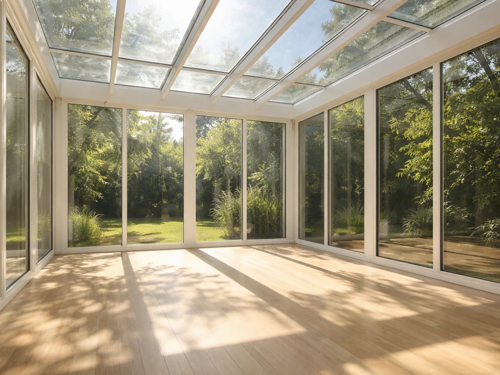 Enclosed solarium sunroom with glass ceiling panels and bright daylight streaming from above.