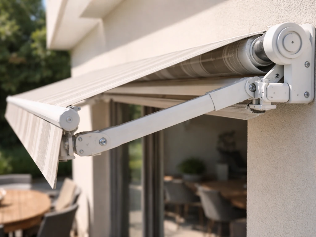 Close-up of a retractable awning mechanism extending over outdoor seating for adjustable shade.