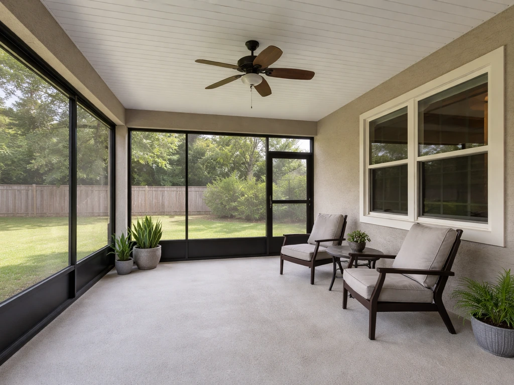 Covered lanai patio with open sides and screened railing attached to a home in warm natural light.