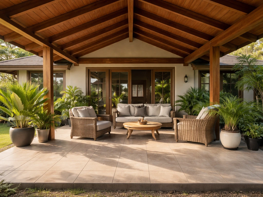 Roofed, open-sided lanai porch attached to a home with outdoor seating and potted plants.