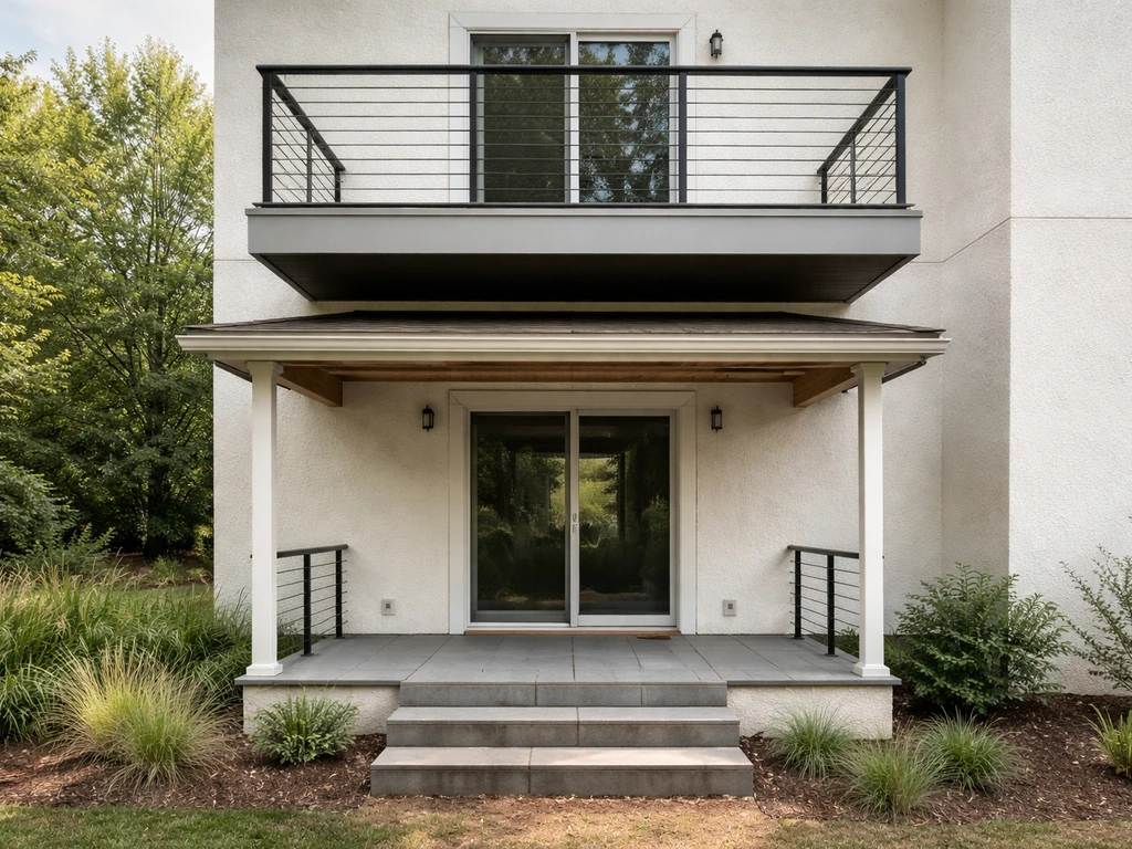 Covered ground-level lanai with steps below an elevated balcony with railings above.