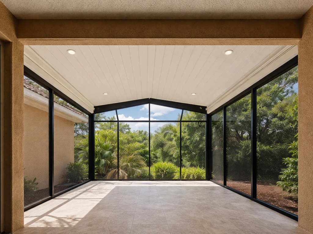 View of a typical covered lanai patio with matching roofline and screened enclosure edges