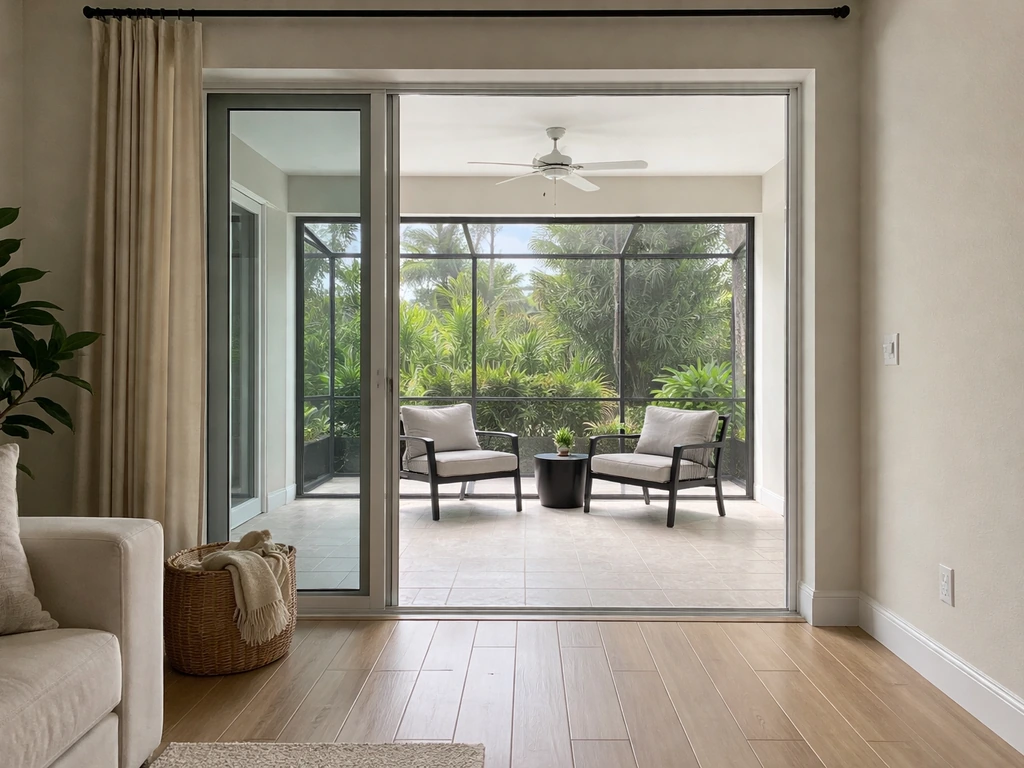 View from indoors to a clean screened lanai with continuous flooring and simple outdoor seating.