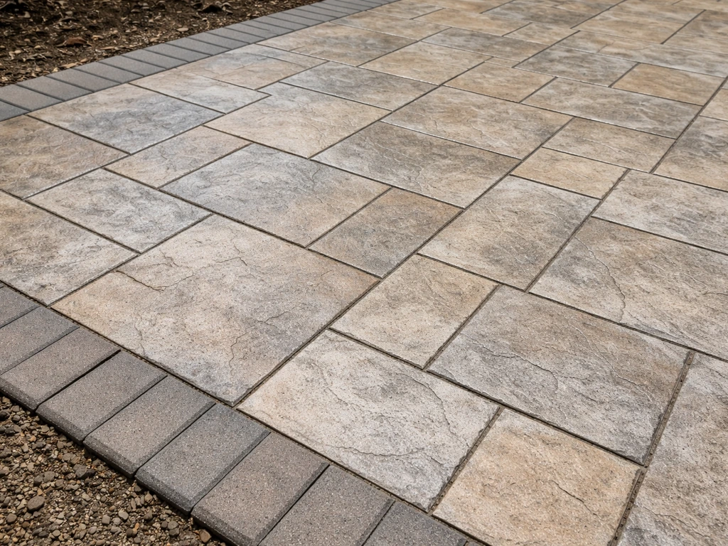 Close-up of a stamped concrete patio showing brick/stone texture, seams, and warm gray-tan tones.