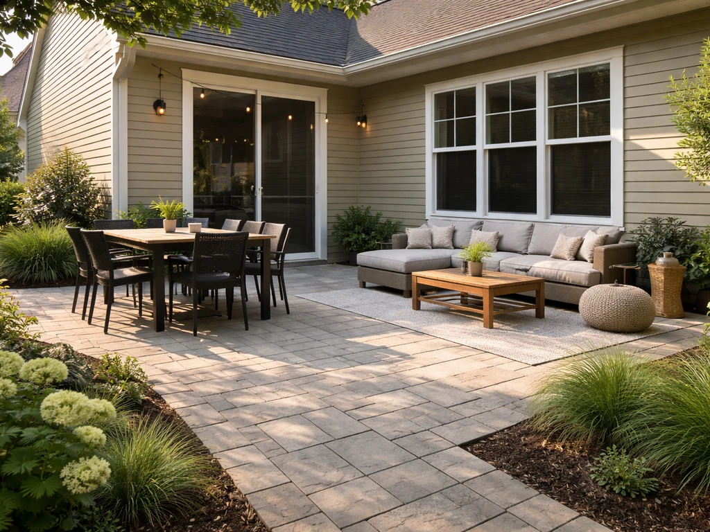 L-shaped wraparound patio with a dining zone and lounge zone separated by layout near a house corner.