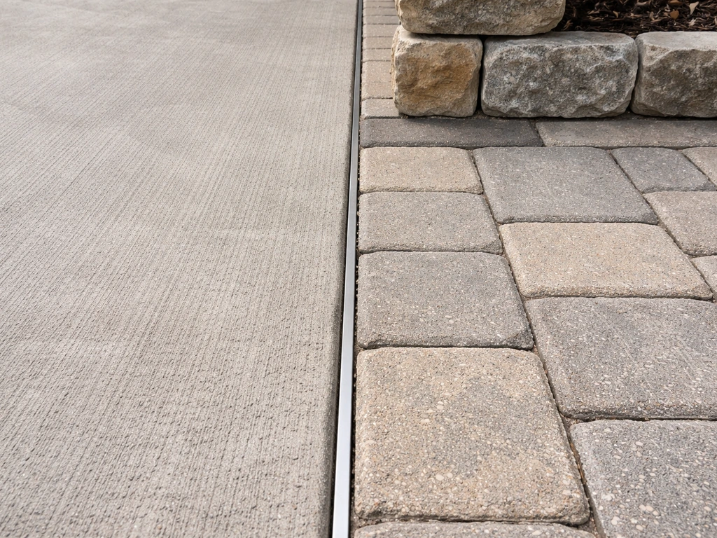 Close-up of adjacent patio surfaces: broom-finished concrete next to interlocking pavers and edging.