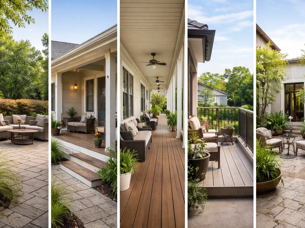Five adjacent outdoor spaces showing patio, porch, veranda, balcony, and courtyard differences in level and roof.