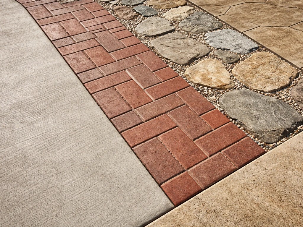Close-up of distinct patio surface materials: poured concrete, brick pavers, natural stone/gravel, and stamped concrete.