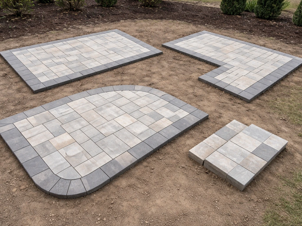 Angled overhead photo of rectangular, L-shaped, curved, and step-down patio paver layout mockups on the ground.