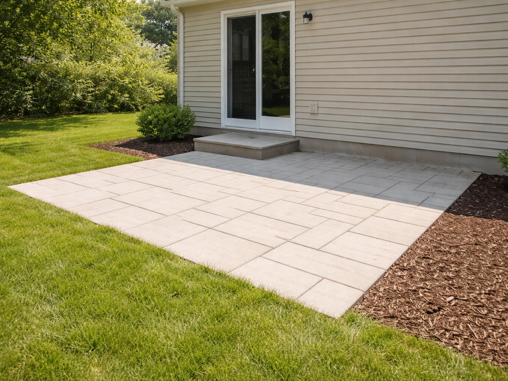 Real-estate listing style scene with a backyard patio and nearby non-patio yard area, seen from ground level.