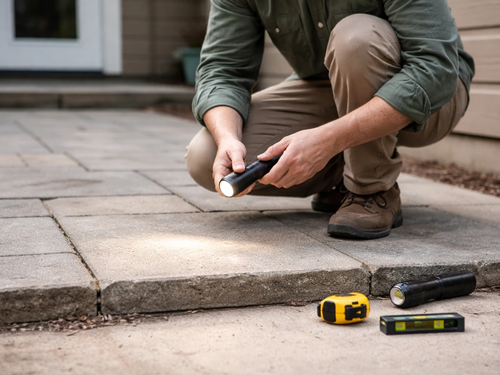 Anonymous homeowner crouches beside a patio, using flashlight and tools to inspect surface and drainage.