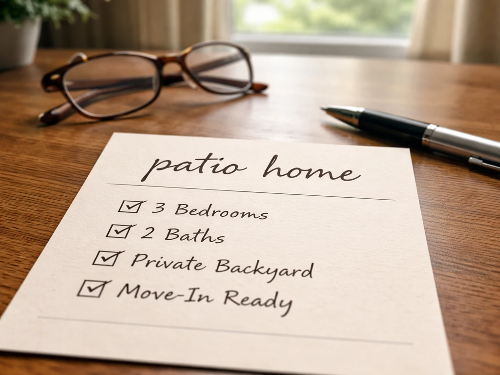 Close-up of a realtor-style property listing card with a highlighted phrase and patio confirmation details