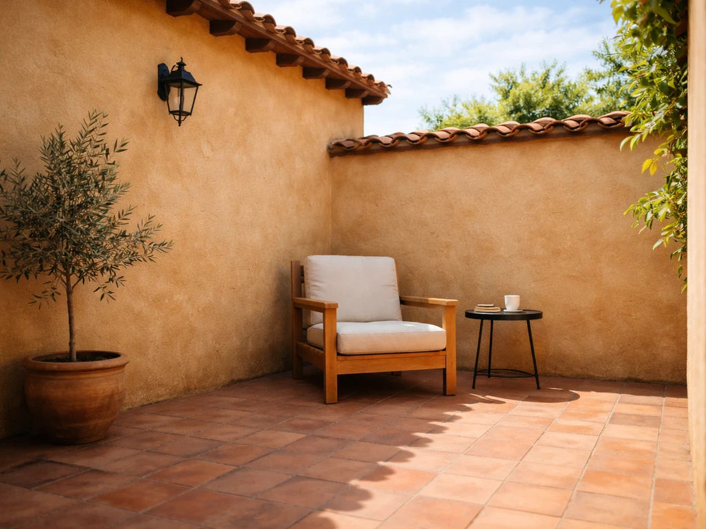 Enclosed open-to-sky Spanish-style patio courtyard with terracotta tiles and soft daylight