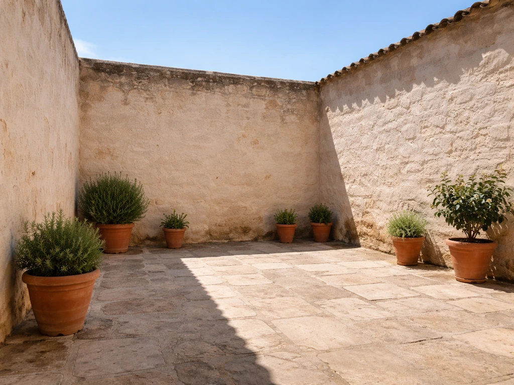 Sunlit Spanish-style courtyard enclosed by stone walls, open to the sky without a roof