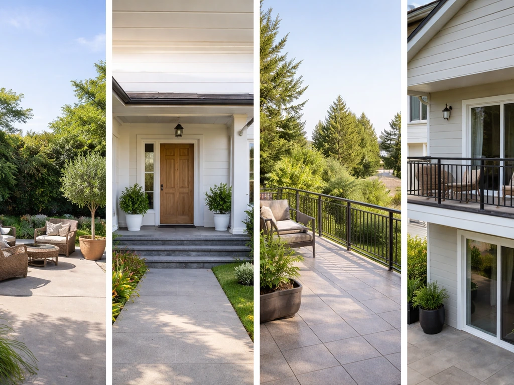 Four distinct home outdoor spaces shown side-by-side: open patio, roofed porch, elevated terrace, and balcony.