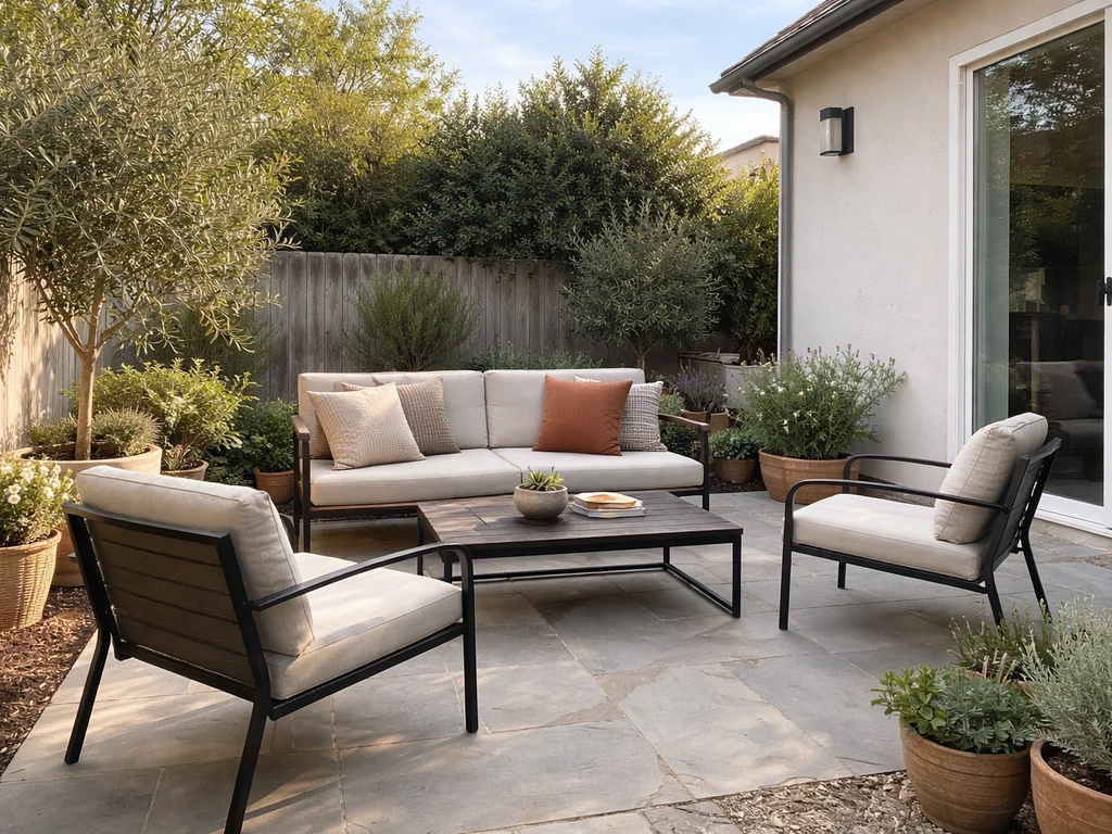 Open-air patio beside a home with stone flooring and outdoor seating under an uncovered sky