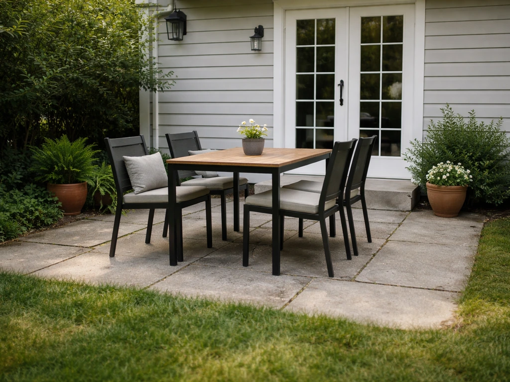 Backyard patio with outdoor dining set on ground-level concrete slabs and potted plants