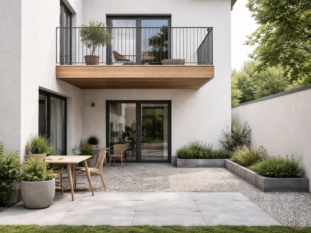 View of an elevated balcony with railing, a ground-level courtyard, and a nearby patio beside a house.