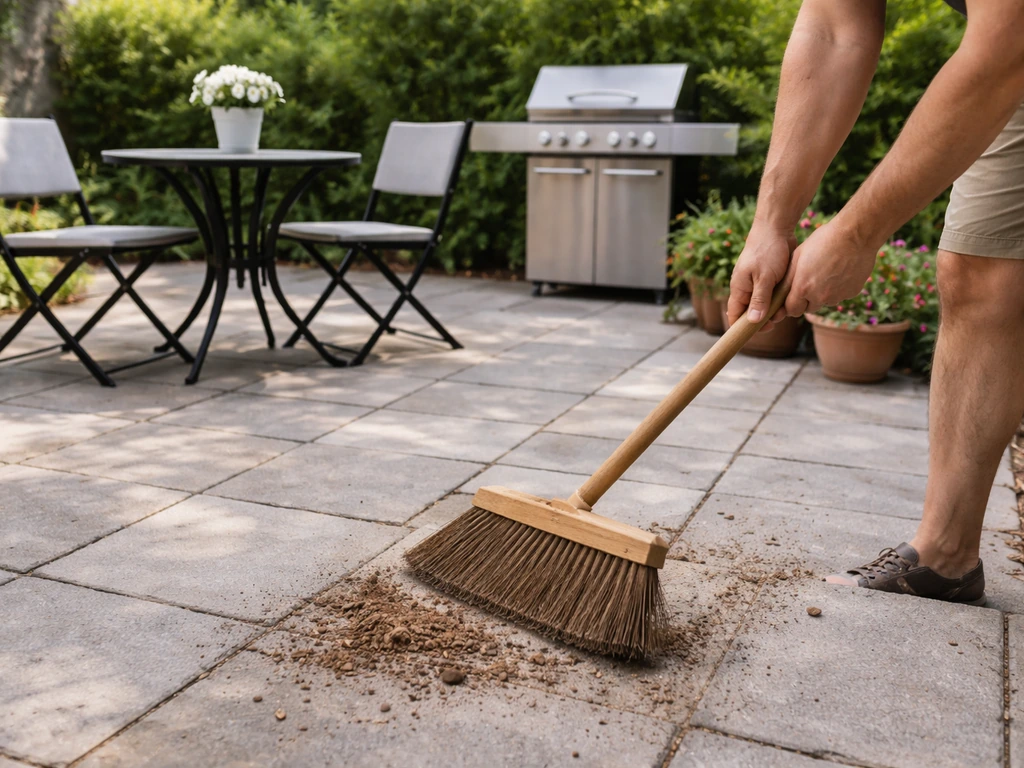 Patio with an outdoor dining set and potted plants, with a person sweeping a clean stone surface.
