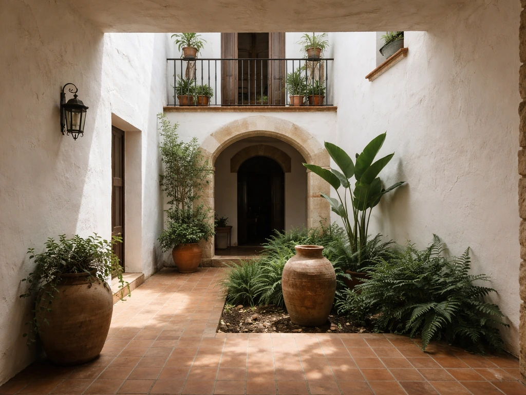 Quiet Spanish home courtyard patio with white walls, terracotta tiles, and plants in natural light.
