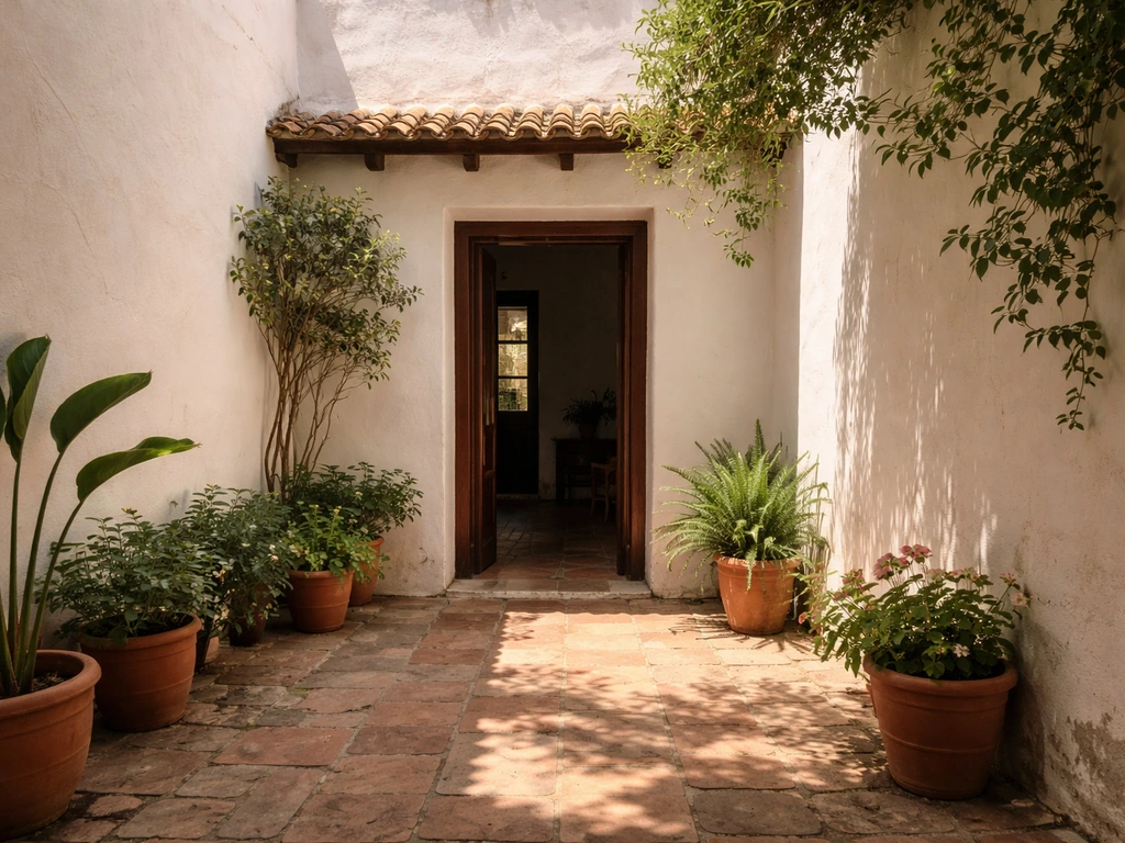 Sunlit Spanish-style walled courtyard patio with potted plants and stone walkway, no people.