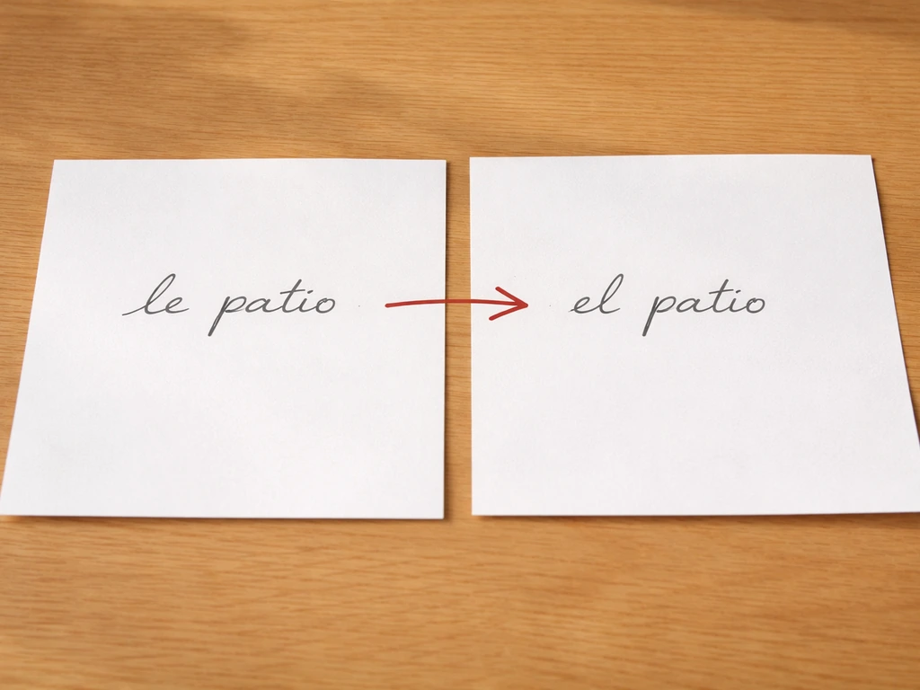 Spanish grammar mistake concept: incorrect “le patio” beside correct “el patio” with an arrow to fix
