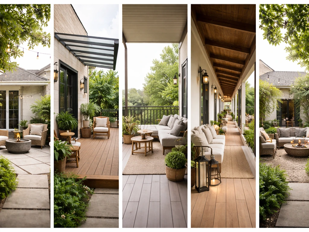 Side-by-side photo montage comparing patio, porch, balcony, verandah, and courtyard features.