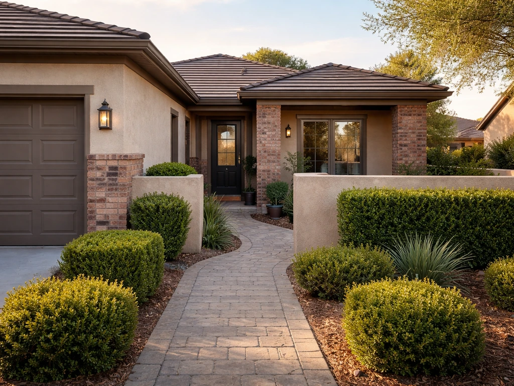 Single-story patio home exterior with a private courtyard feel and low-maintenance landscaping.