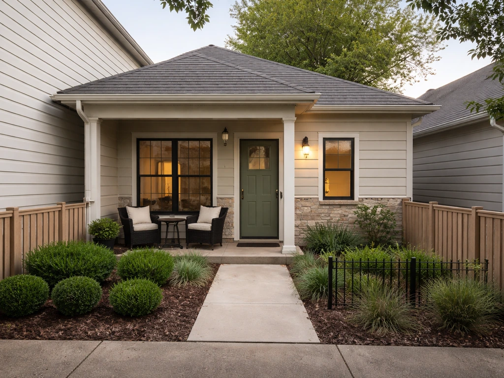 Street-level view of a one-story patio home with a small private patio and attached zero-lot-line feel