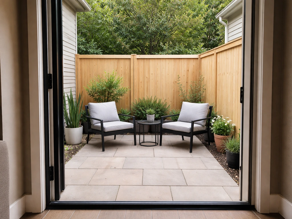 Homeowner’s private fenced rear patio with outdoor seating, showing usable outdoor space and privacy.